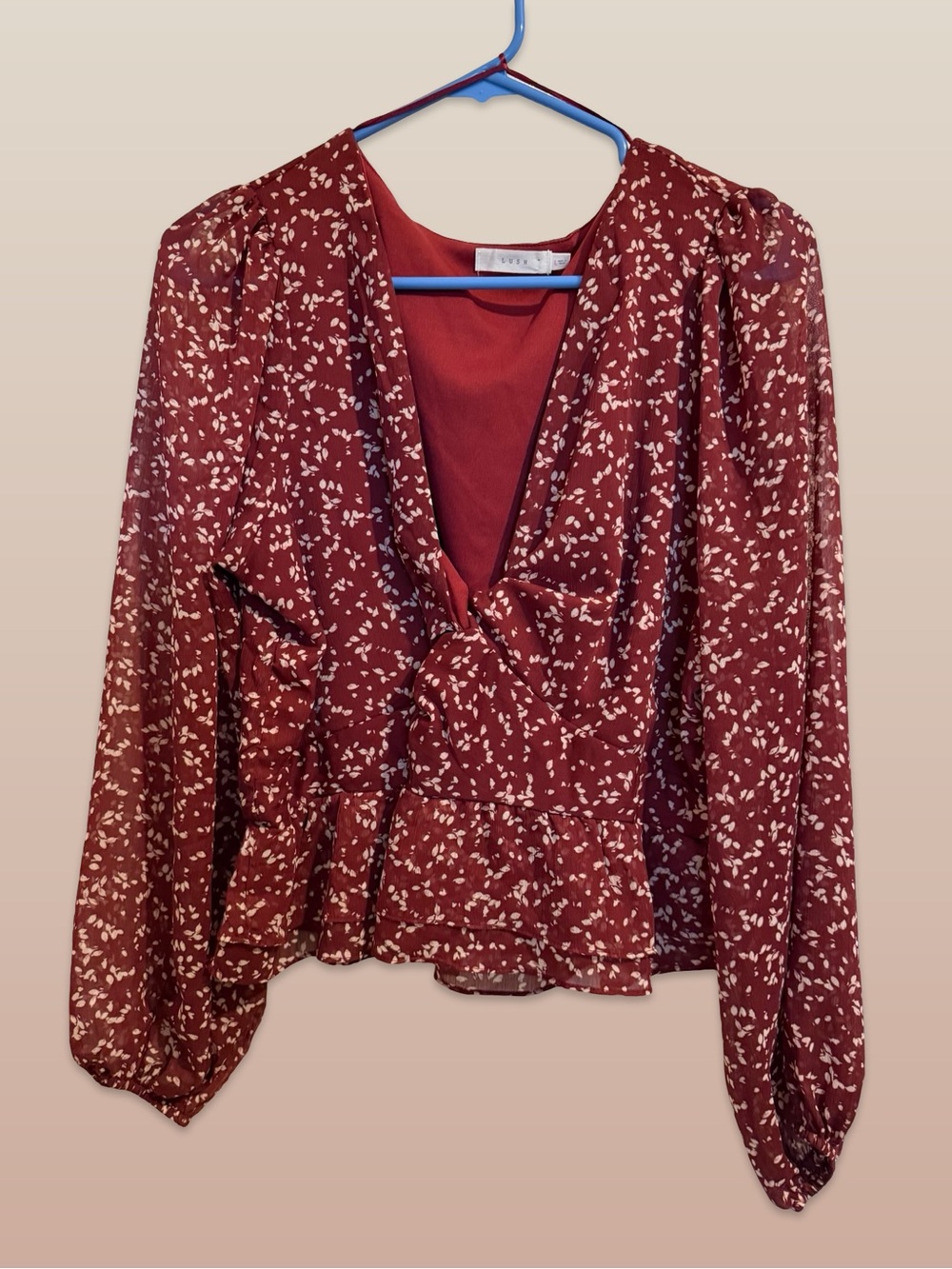 Lush Burgundy Floral Peplum Blouse Size Large